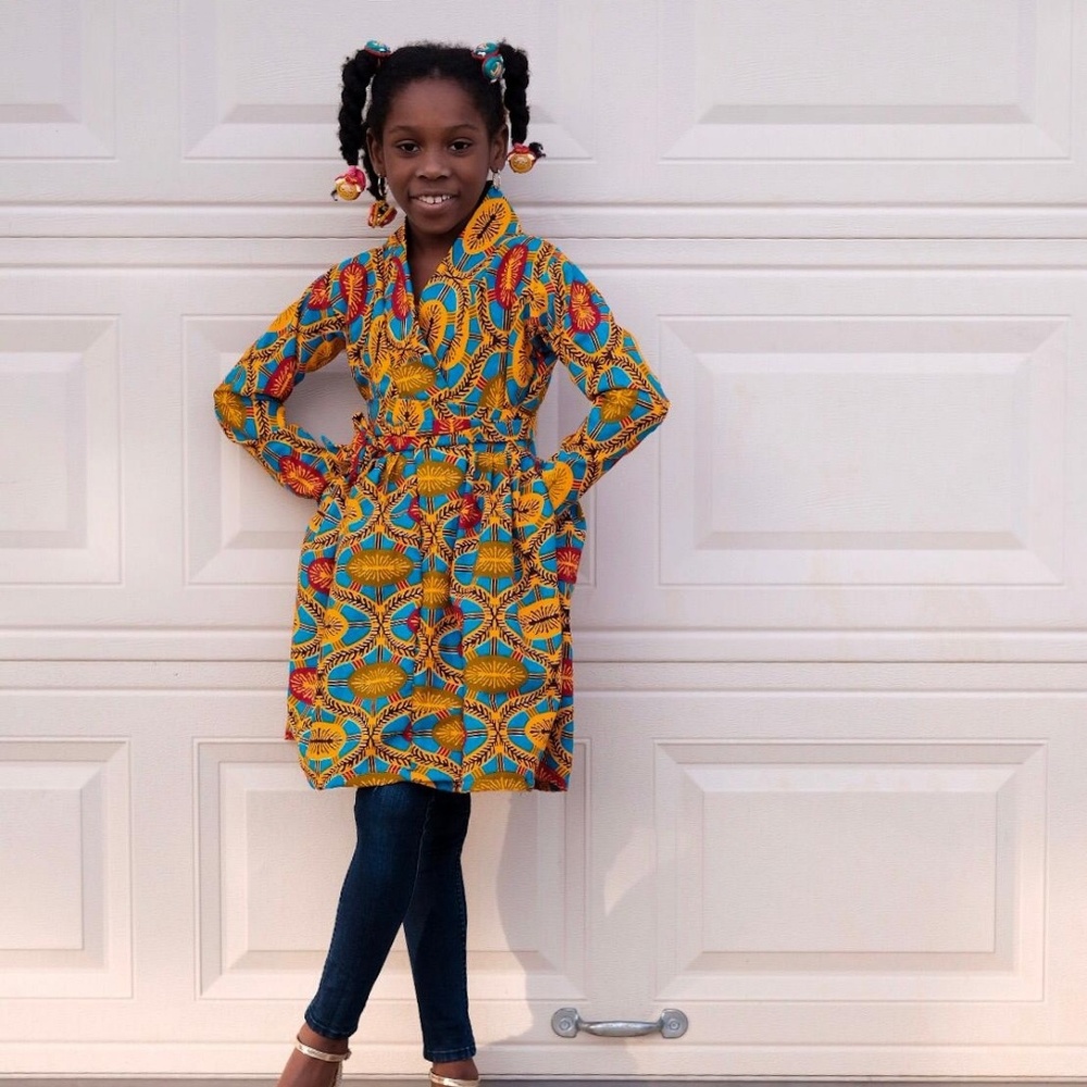 Girls African Ankara long sleeve wrapping dress - Picture 5 of 6